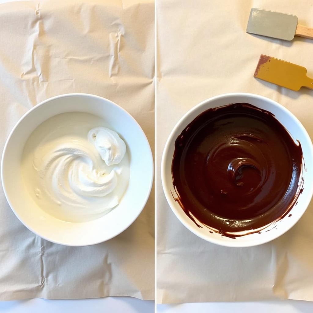 Two bowls of black and white frosting ready to be applied