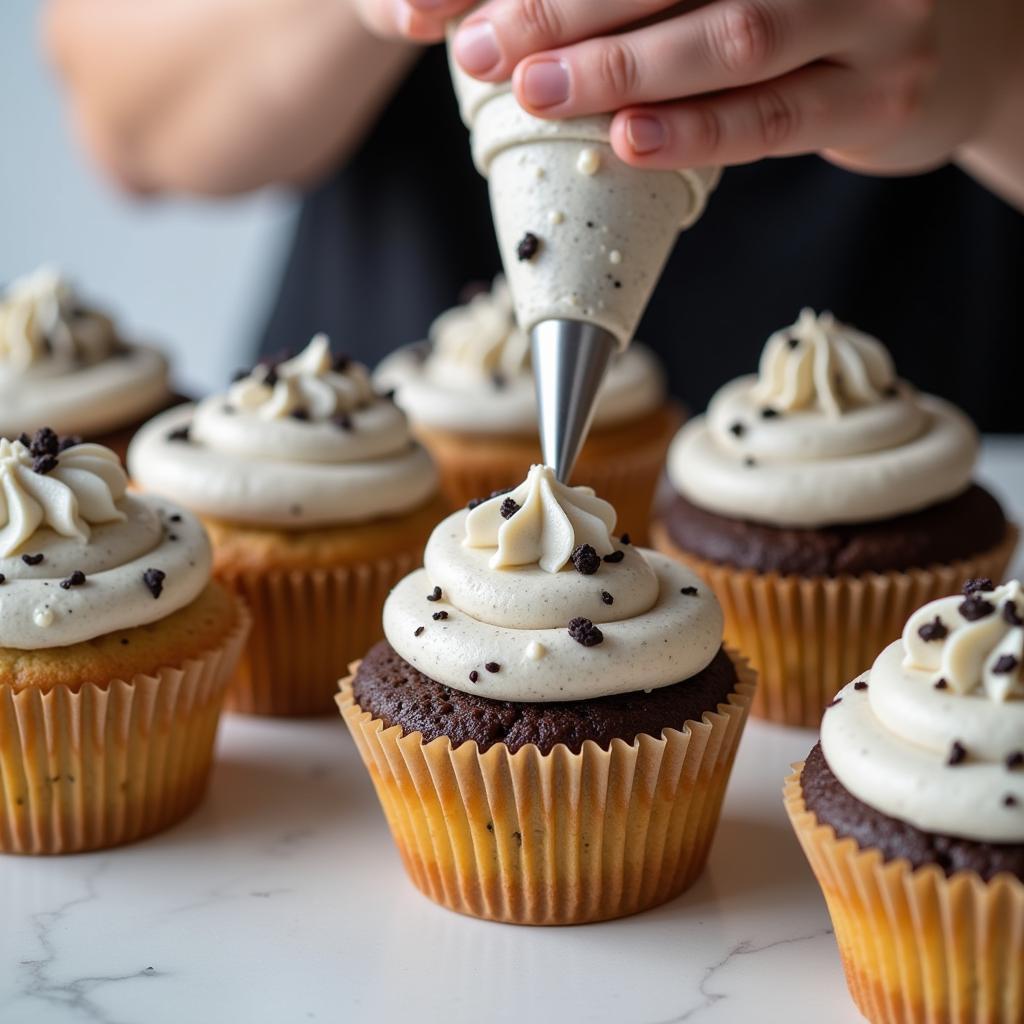 A piping bag filled with Oreo frosting being used to frost gluten-free oreo cupcakes