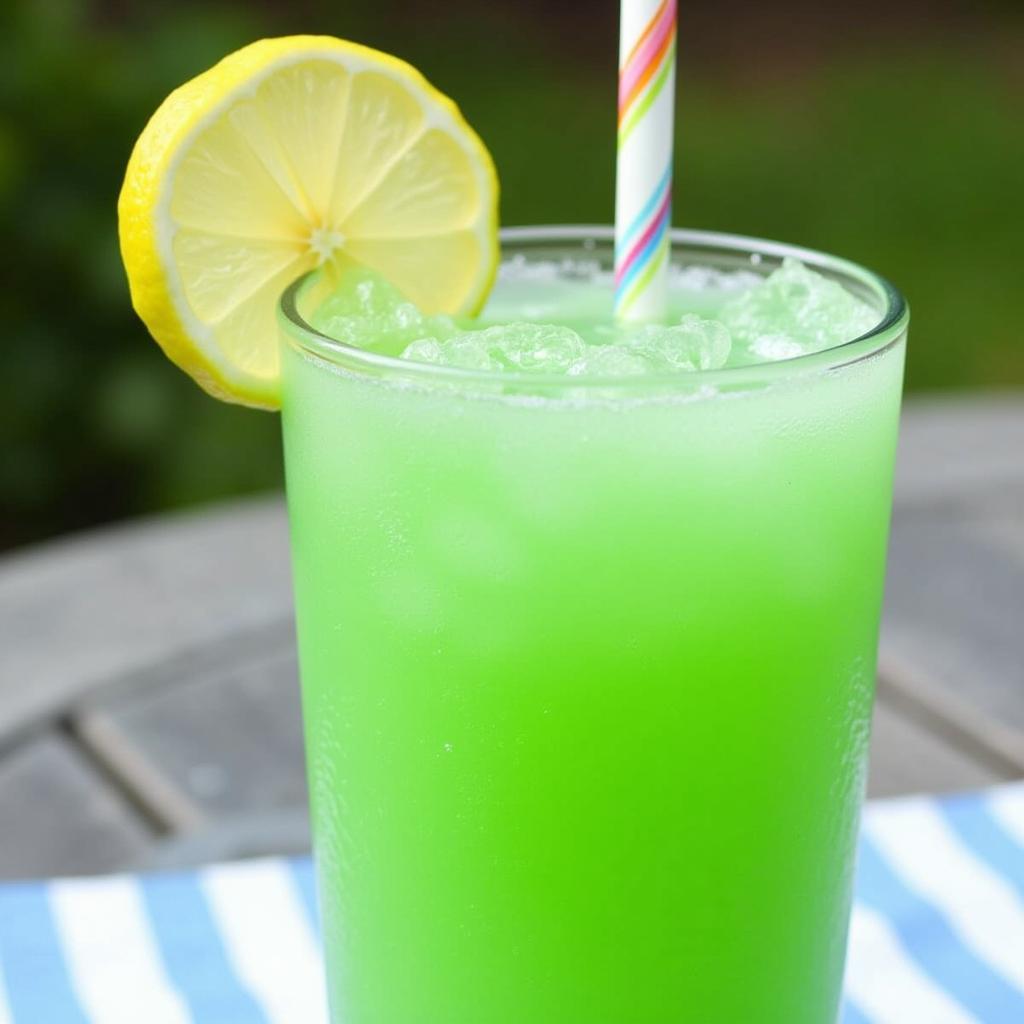 A glass of frozen sugar-free limeade, garnished with a lime wedge and served with a straw.