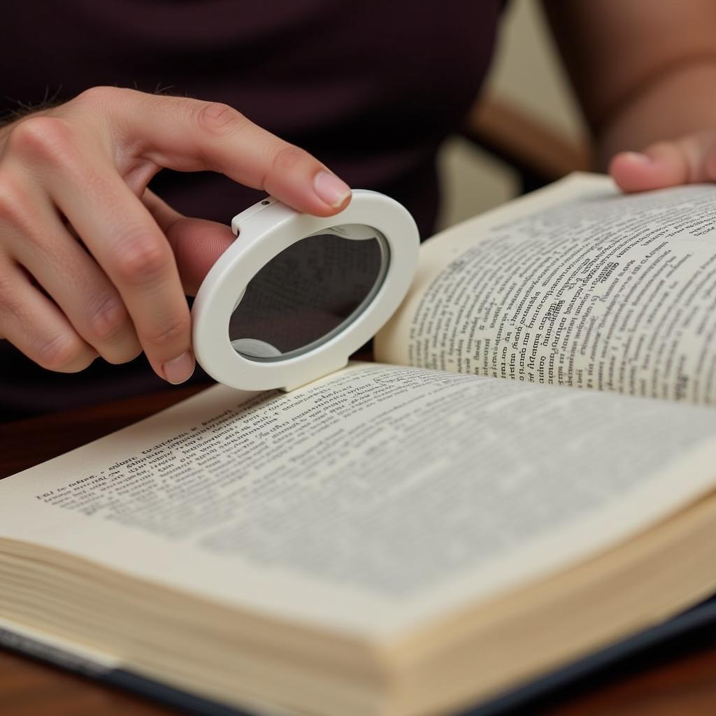 Person using a full page magnifier to read a book