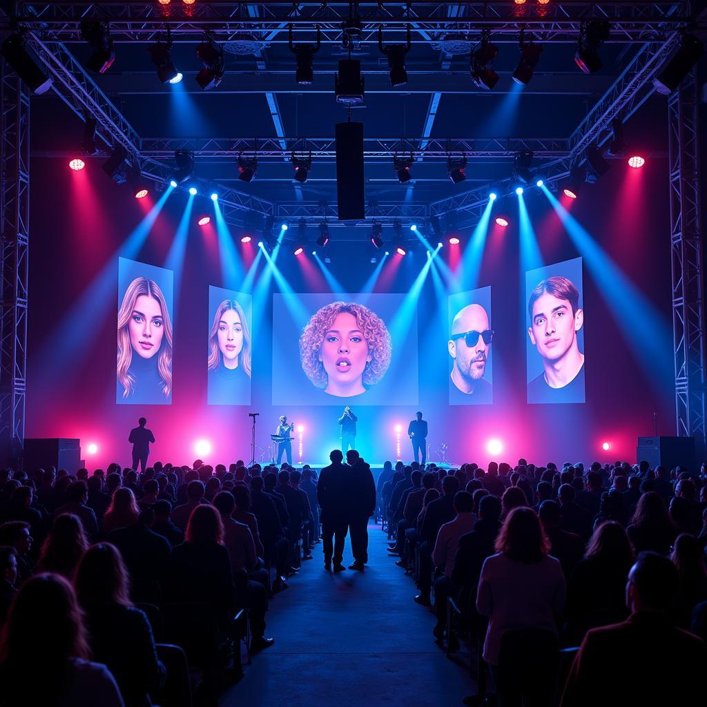 Futuristic concert stage with holographic AI voices