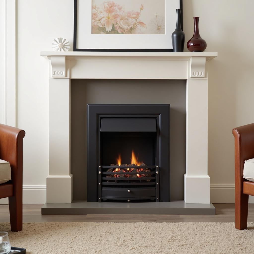 A modern gas free-standing fireplace with a sleek design and a remote control for easy operation