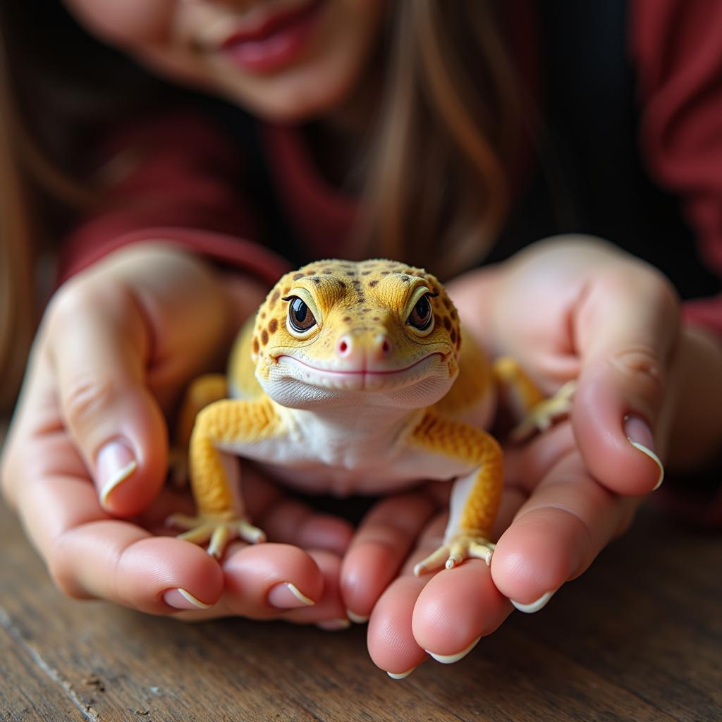 Gecko owner interacting with their pet