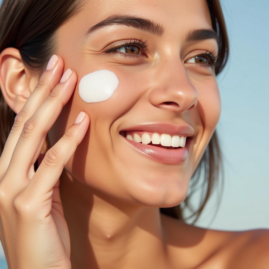 Woman applying gel oil free heliocare sunscreen