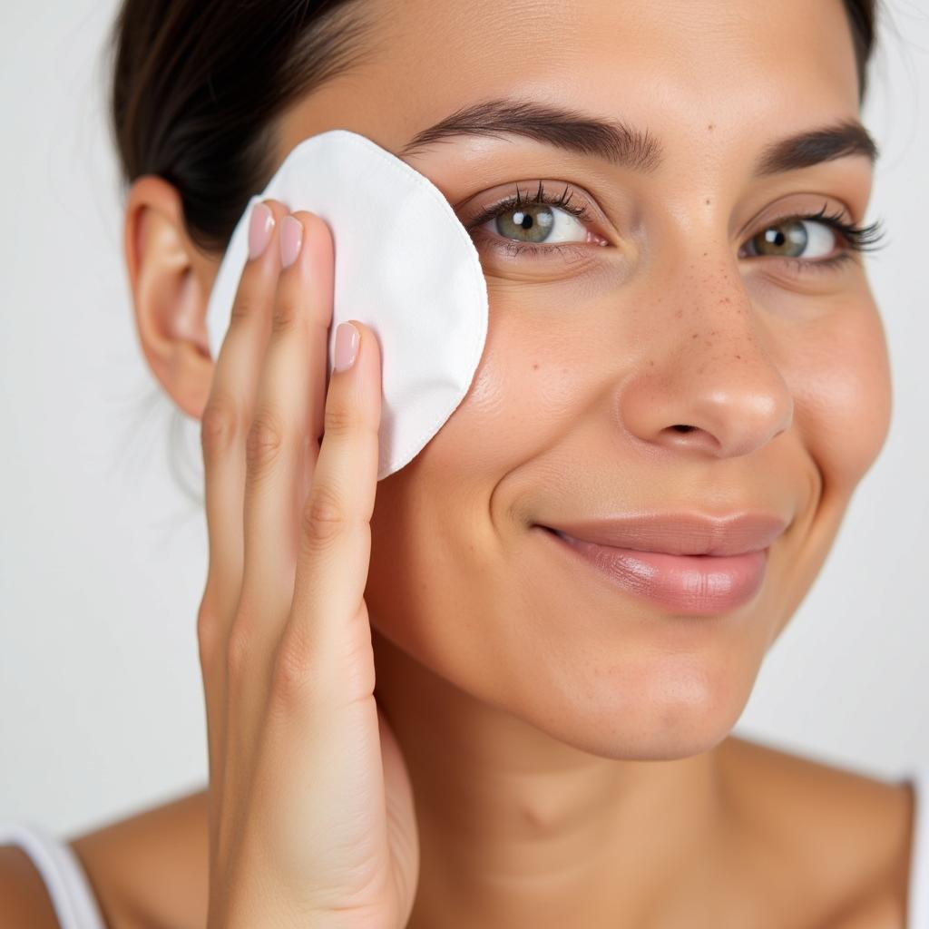 Woman gently cleansing her face with an alcohol free wet wipe