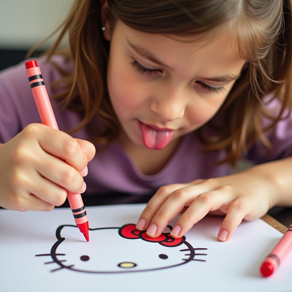 A young girl completely engrossed in coloring a Hello Kitty page.