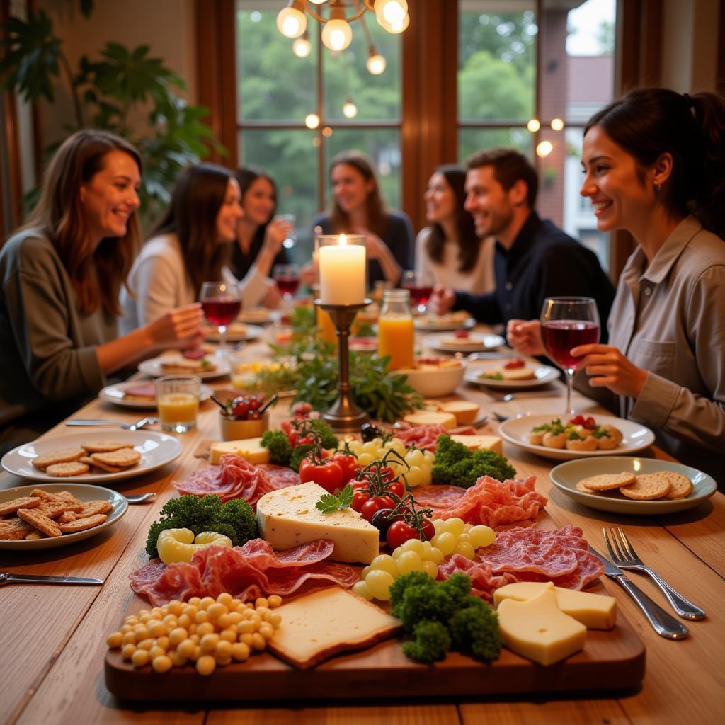 A group of friends enjoying a gluten-free antipasti platter at a gathering.