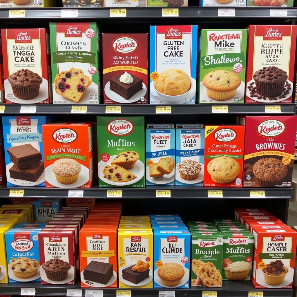 Various gluten free baking mixes on a shelf