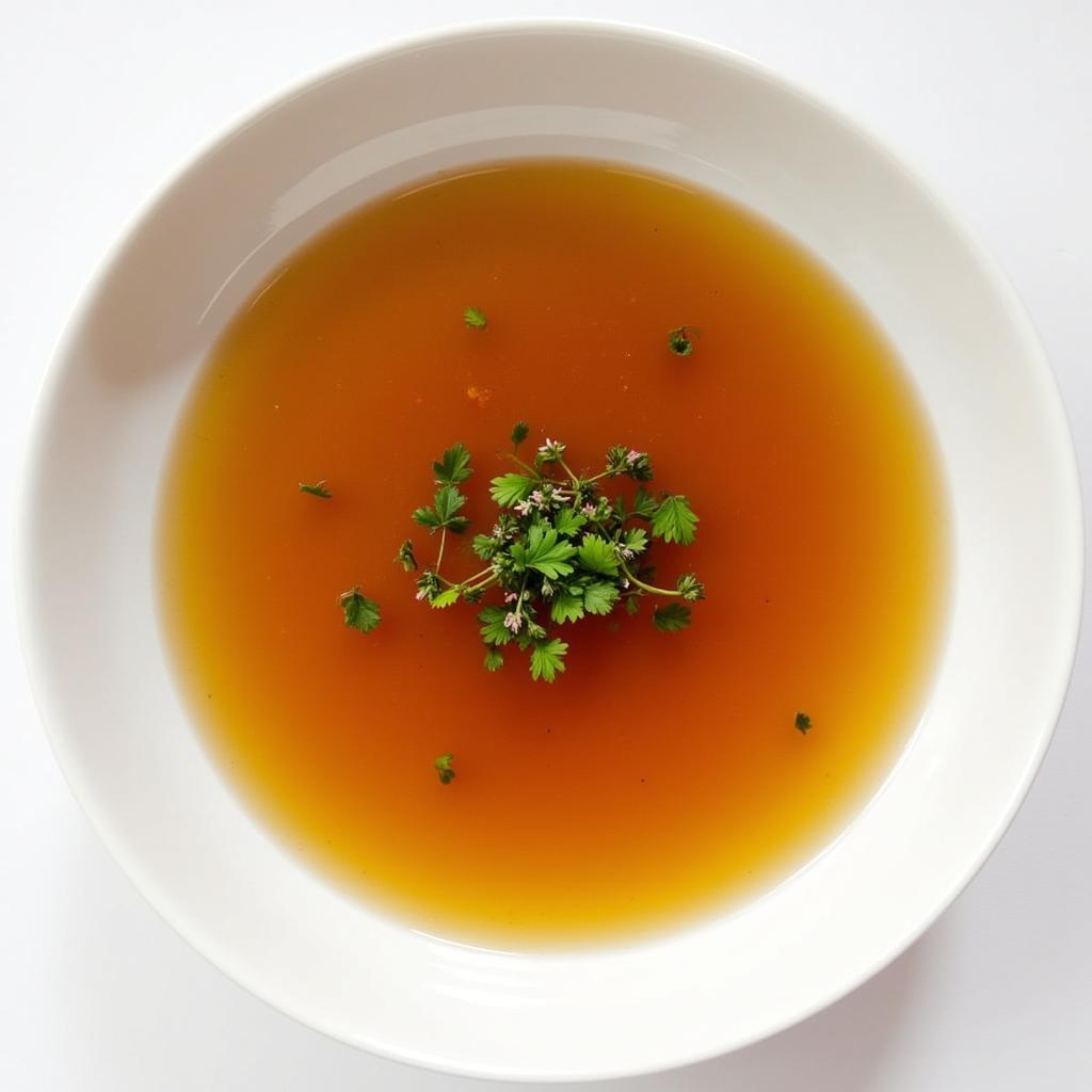 A bowl of gluten-free beef consommé garnished with fresh herbs