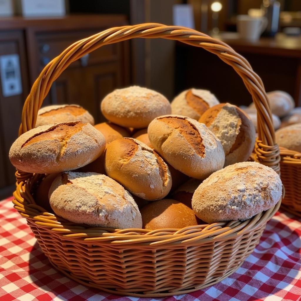 A basket of gluten-free bread on a table with a checkered tablecloth.