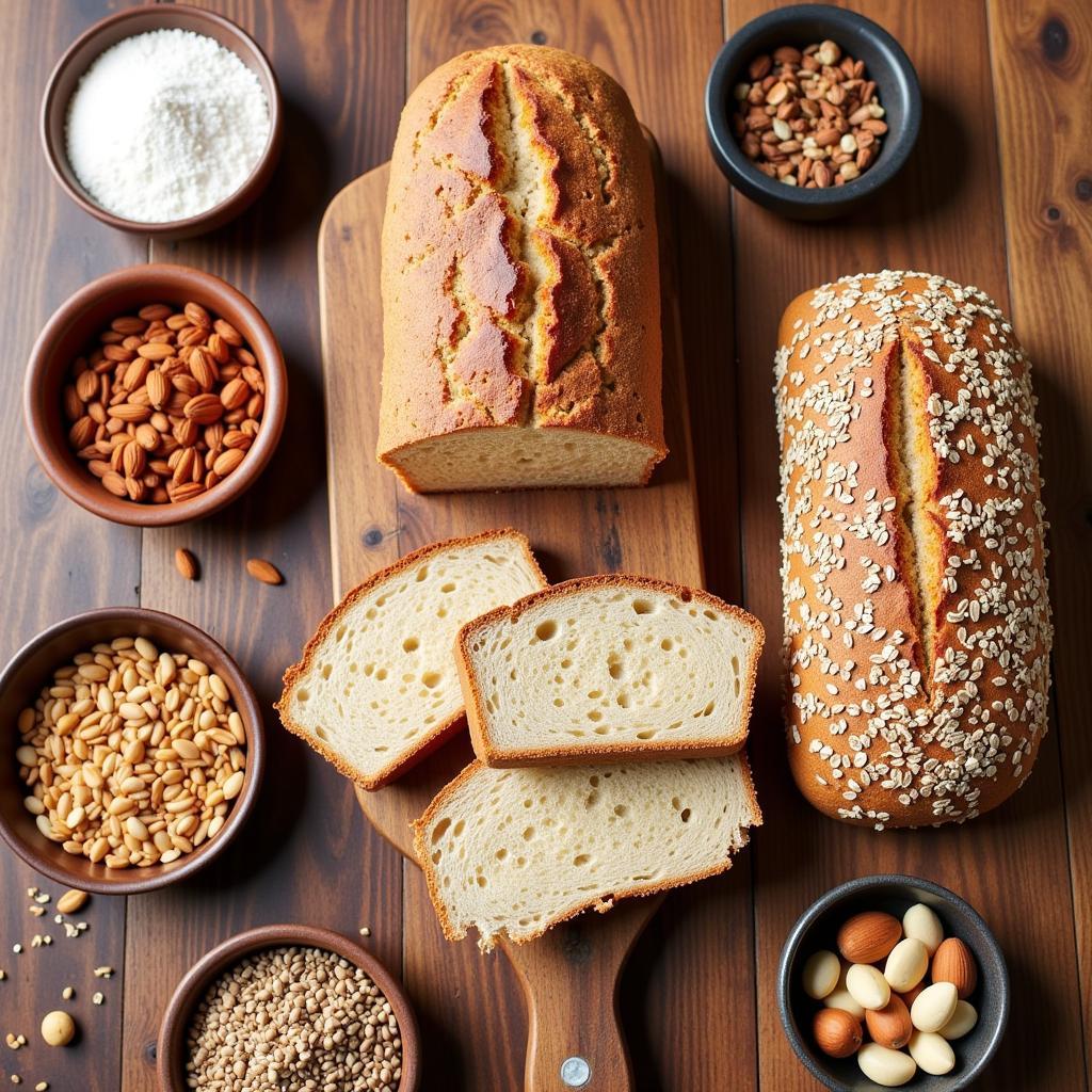 Various gluten-free bread options laid out on a table