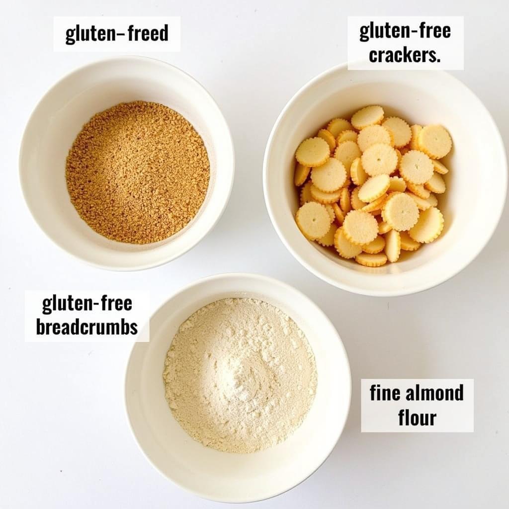 Gluten-free breadcrumbs, crushed crackers, and almond flour in bowls