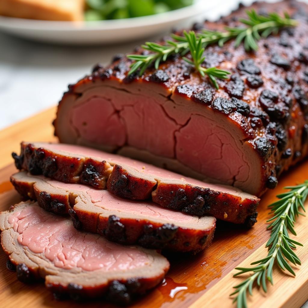 Gluten-free brisket sliced on a cutting board