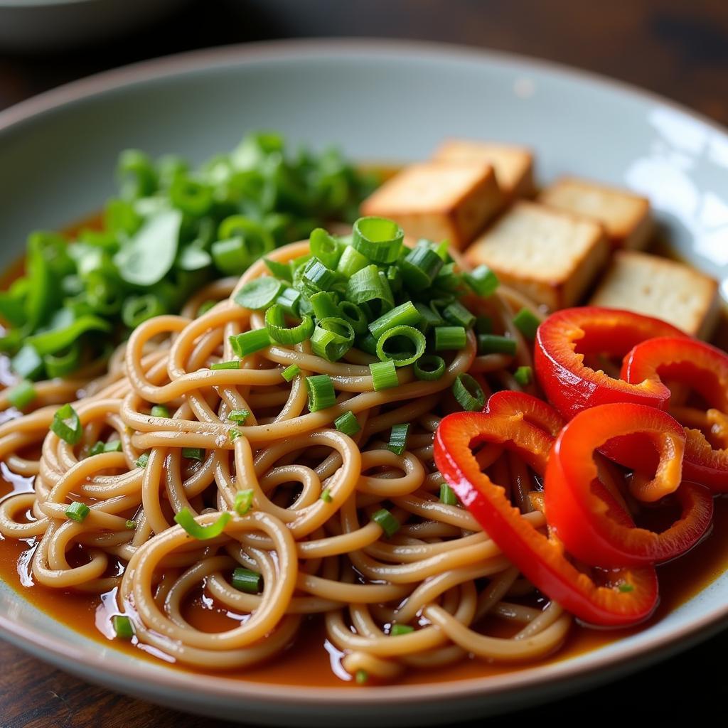 A bowl of gluten-free buckwheat soba noodles with fresh vegetables and tofu