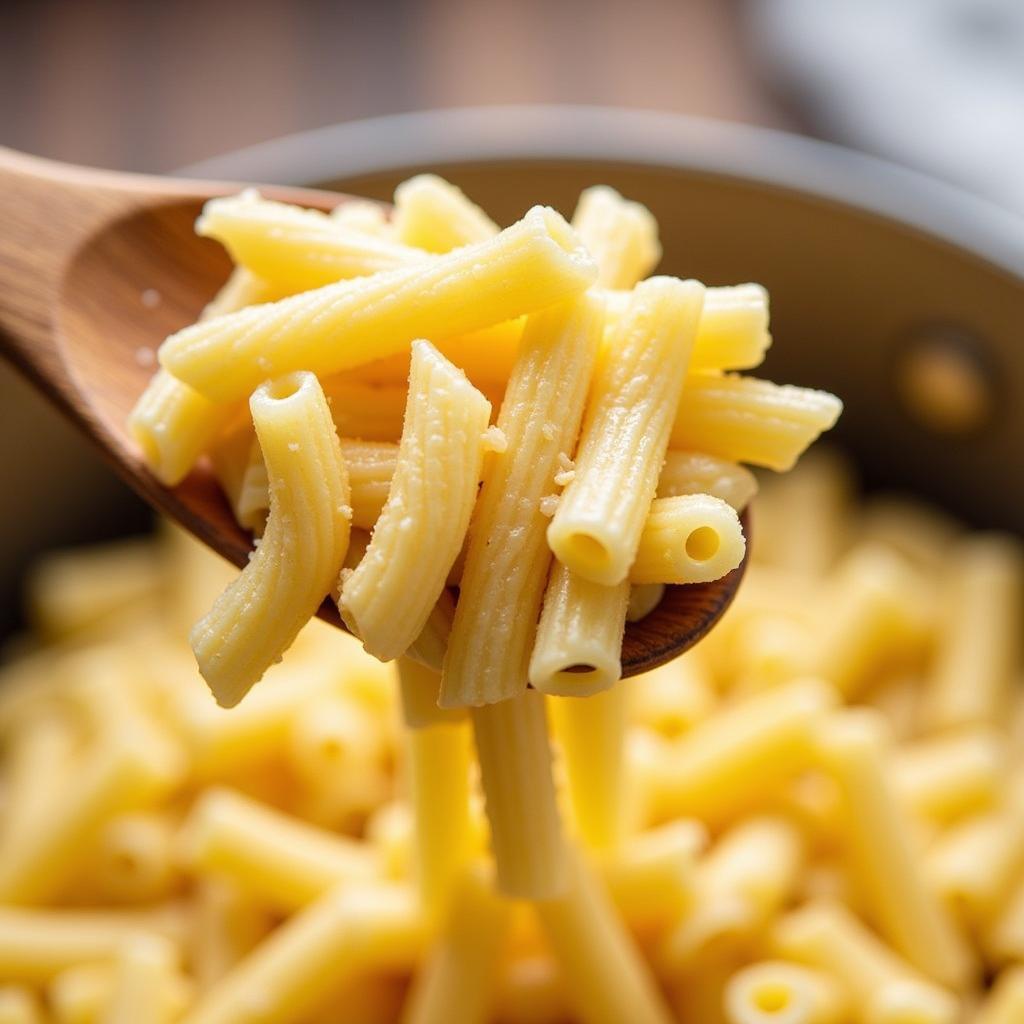 Gluten free casarecce pasta scooped up on a wooden spoon