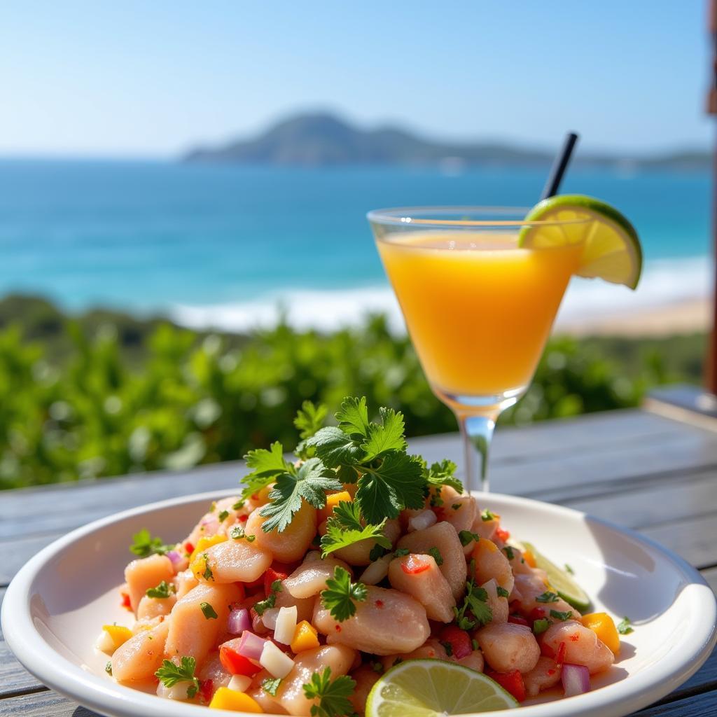 Enjoying gluten-free ceviche with an ocean view.