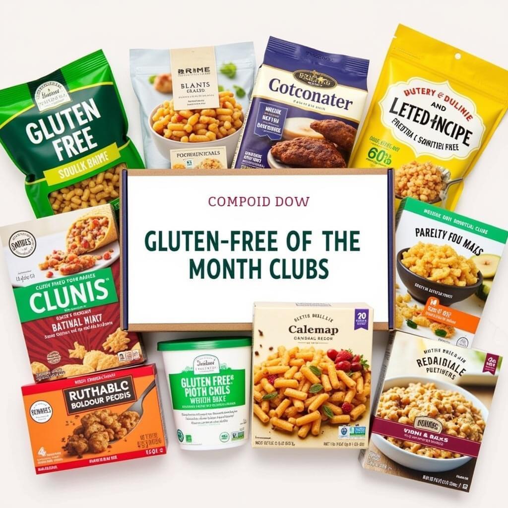 A variety of gluten-free food items in a monthly subscription box