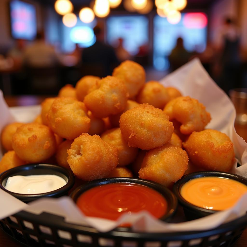 A basket of gluten-free fried cheese curds served with dipping sauces in a restaurant setting.