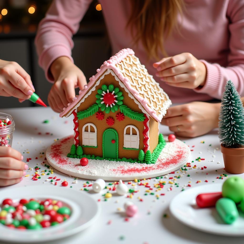 Family decorating a gluten-free gingerbread house