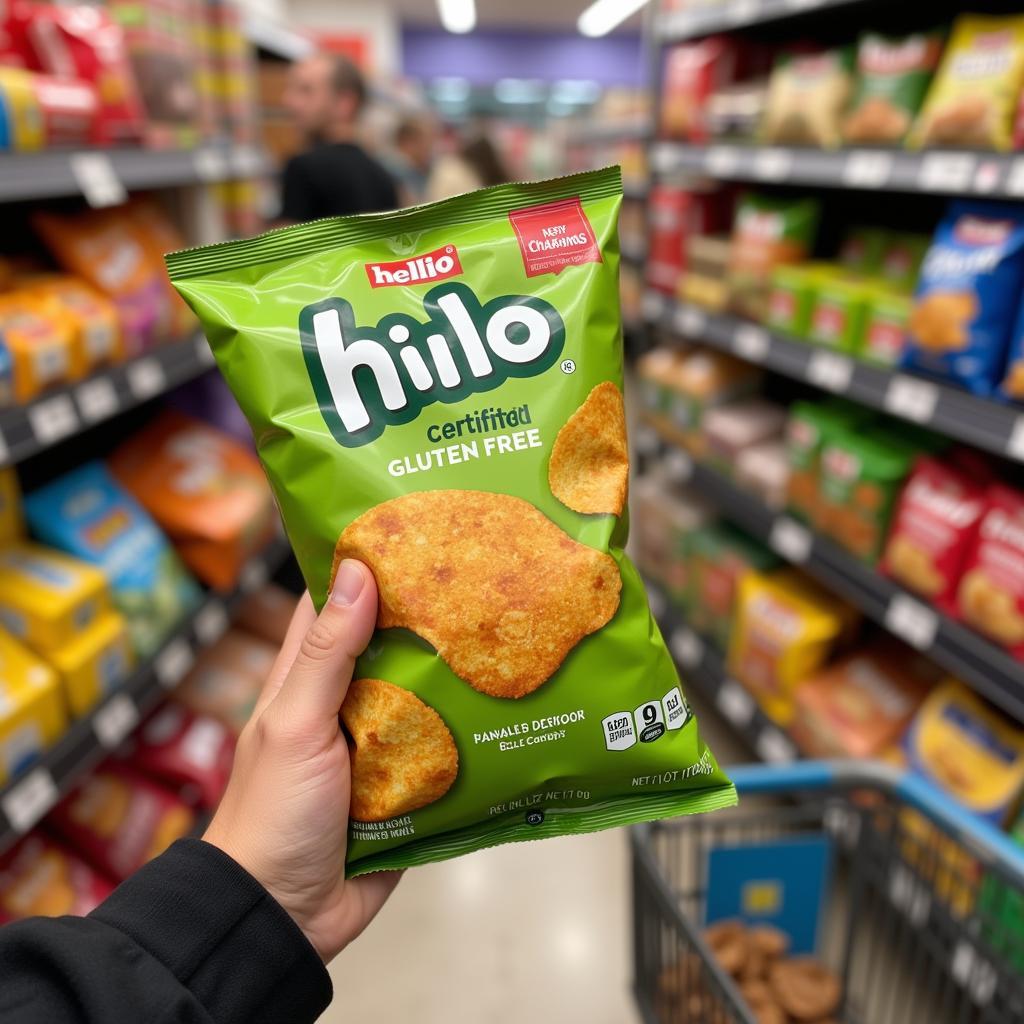 Selecting gluten-free Hilo chips at the store