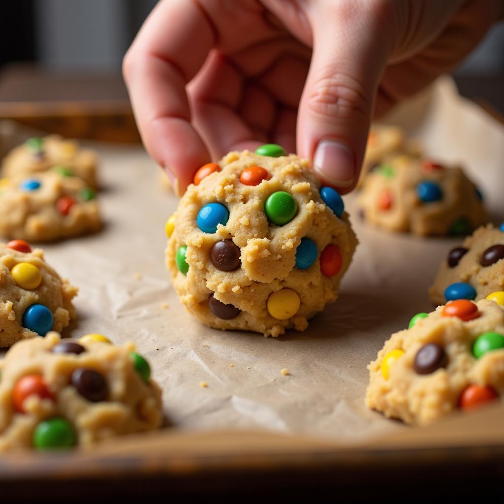 Scooping Gluten-Free M&M Cookie Dough onto Baking Sheet