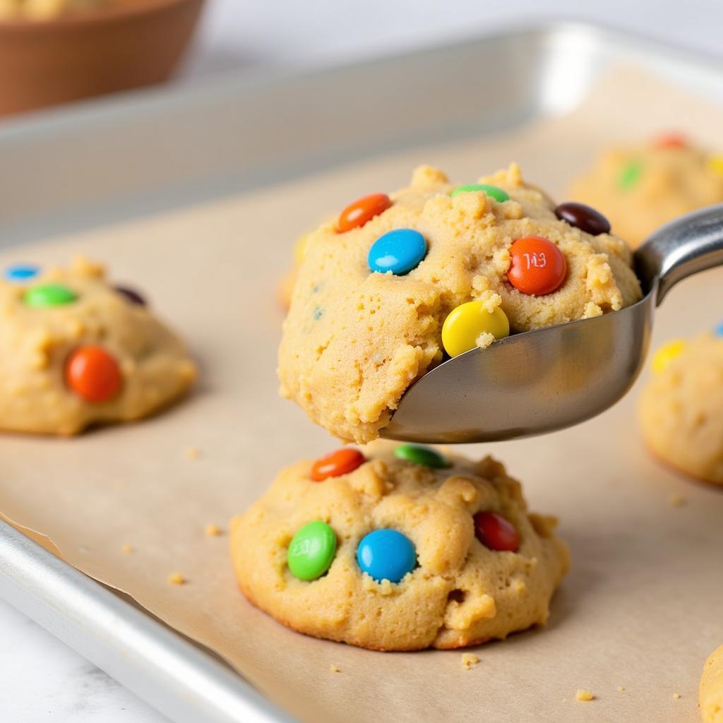 Gluten-free M&M cookie dough being scooped onto a baking sheet