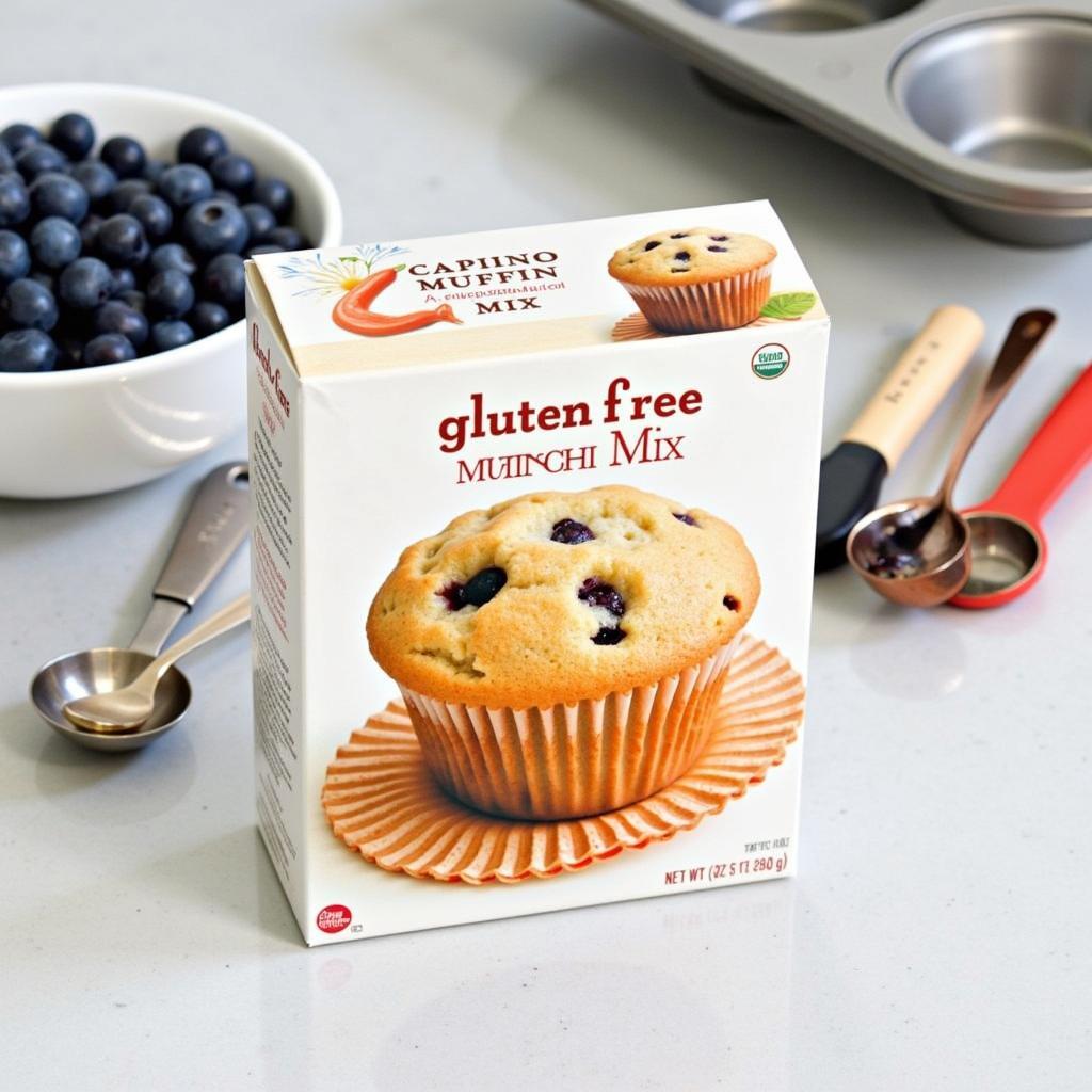 Gluten-free muffin mix box on a kitchen counter