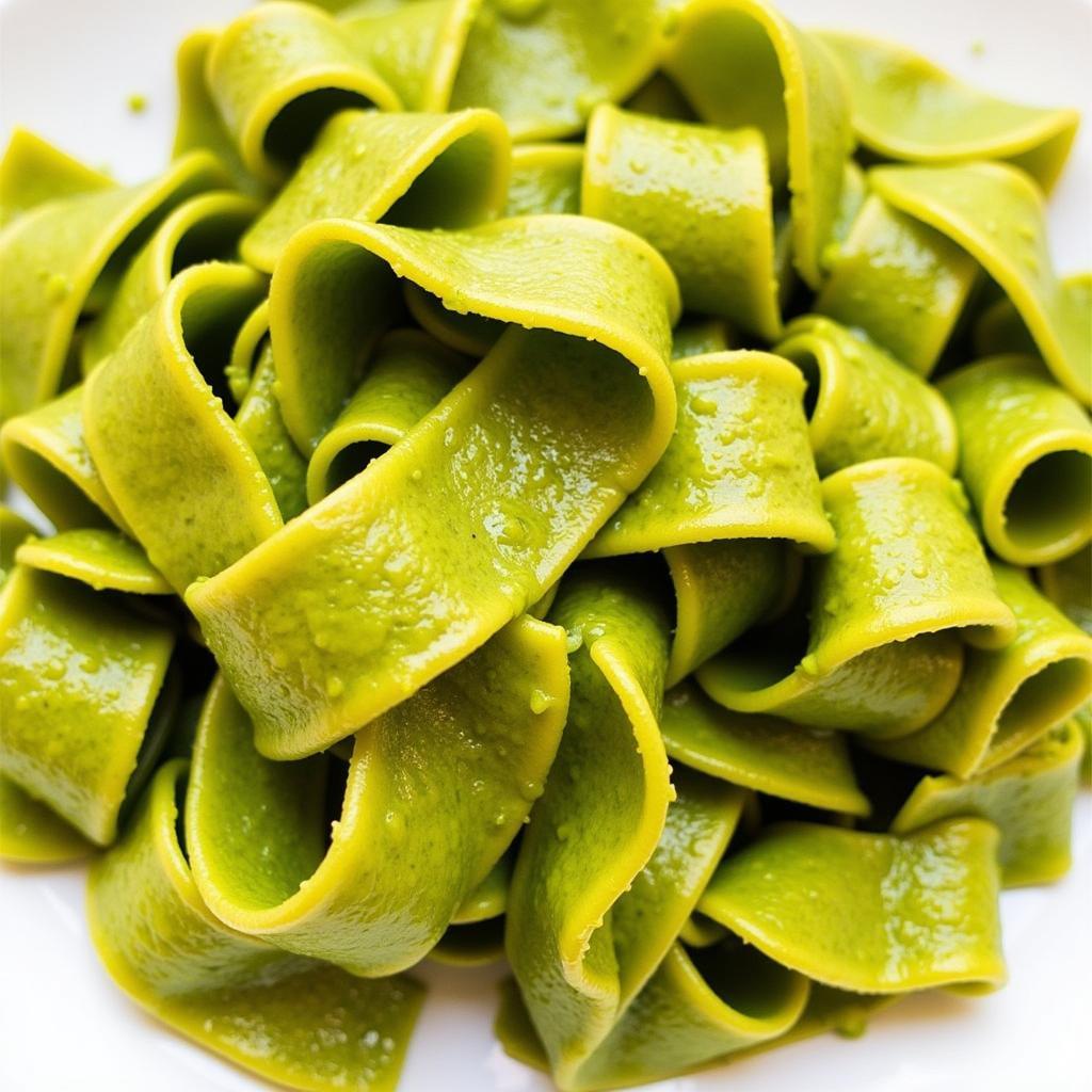 Plate of gluten free pappardelle with pesto sauce