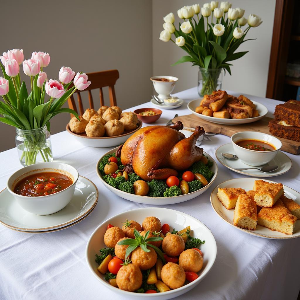 A beautifully set table with a variety of gluten-free Passover dishes