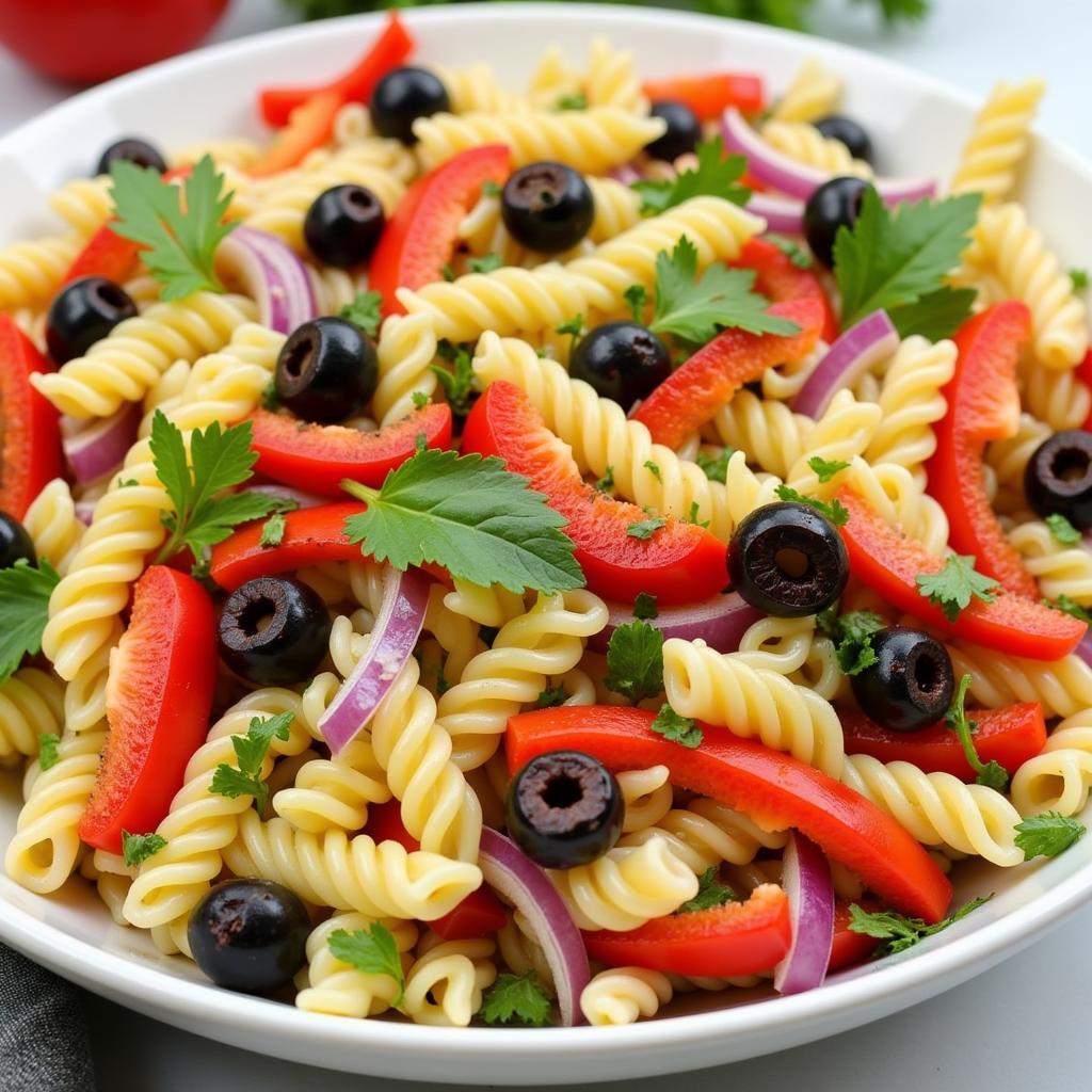 A colorful gluten-free pasta salad in a bowl