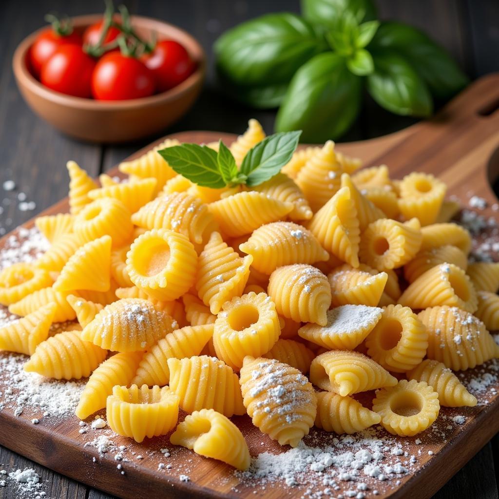 Various gluten-free pasta shapes on a wooden board