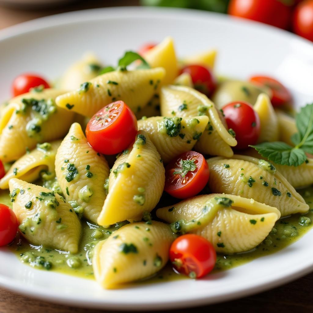 close-up-of-plated-gluten-free-pasta-shells-with-creamy-pesto-sauce-and-cherry-tomatoes