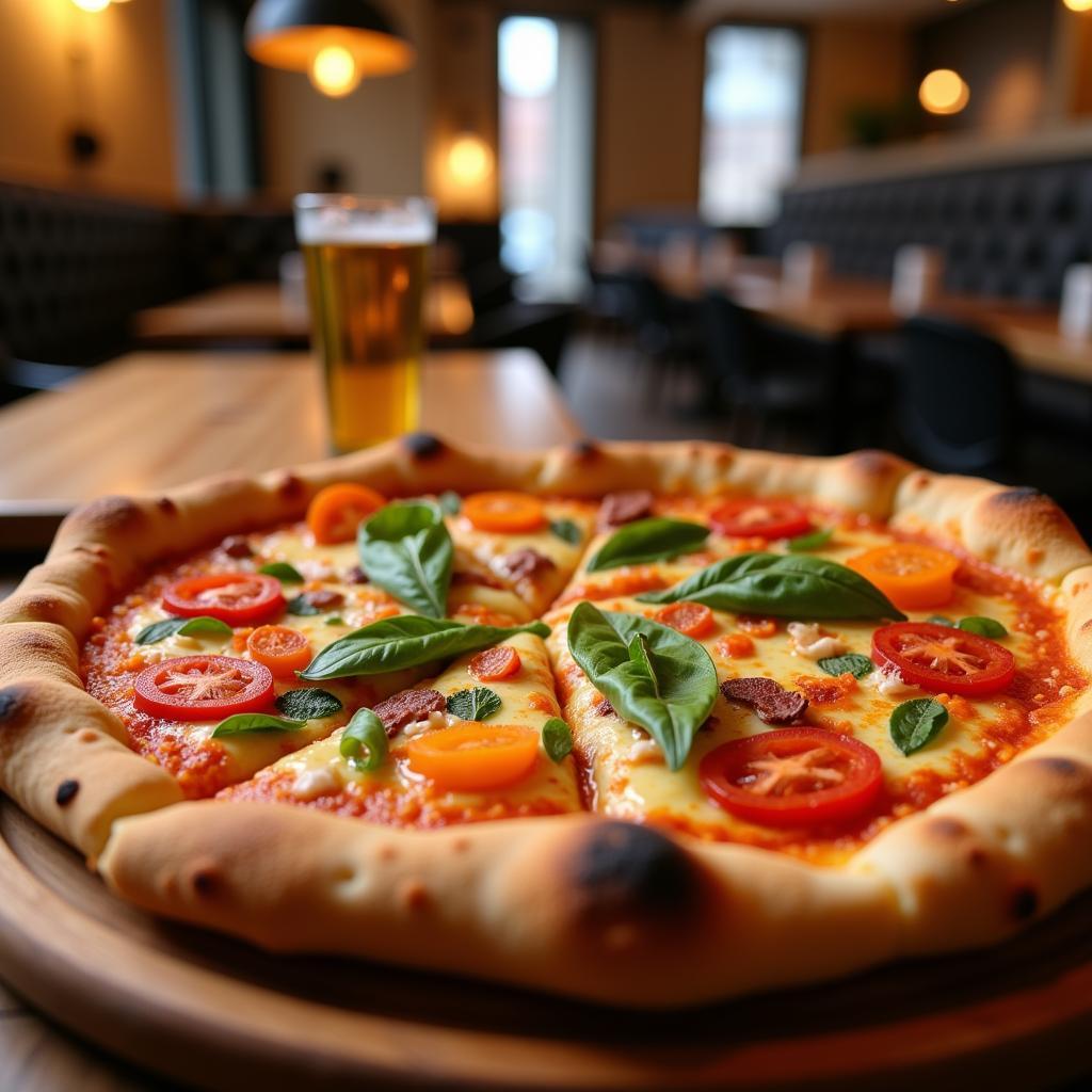 A delicious gluten-free pizza on a wooden table in a Bucharest restaurant.