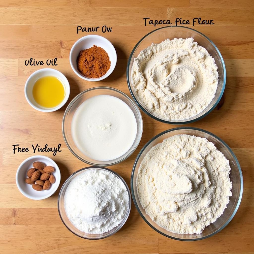 Various gluten-free flours and ingredients arranged on a table