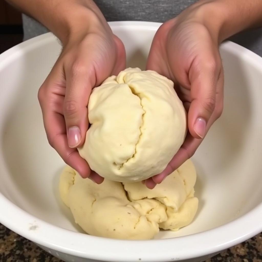  Hands kneading gluten-free pizza dough in a bowl