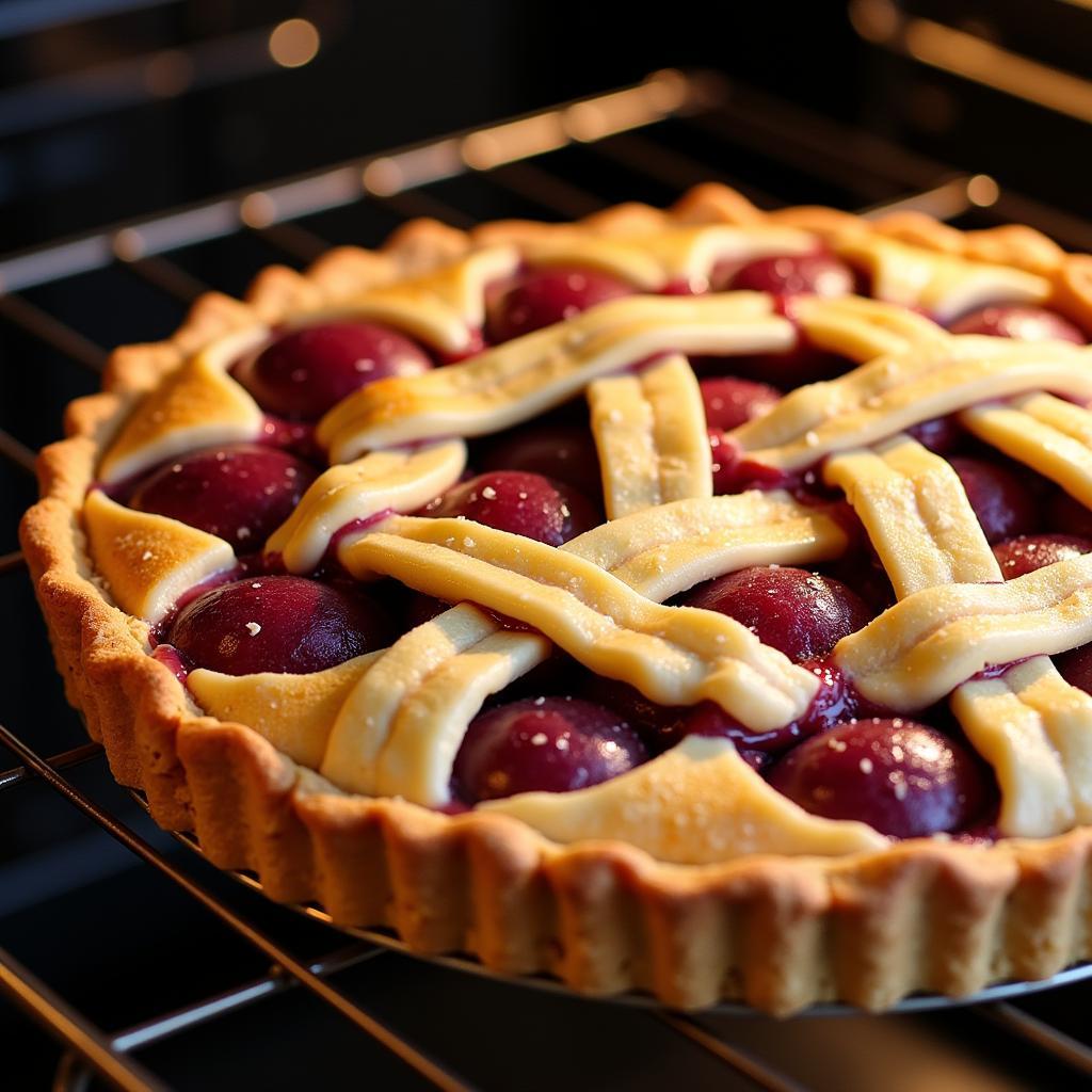 A partially baked gluten free plum torte in a tart pan with a lattice crust