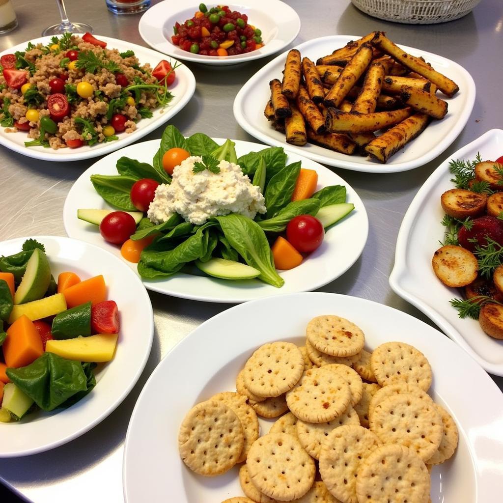 A table filled with a variety of colorful and appetizing gluten-free dishes for a potluck.