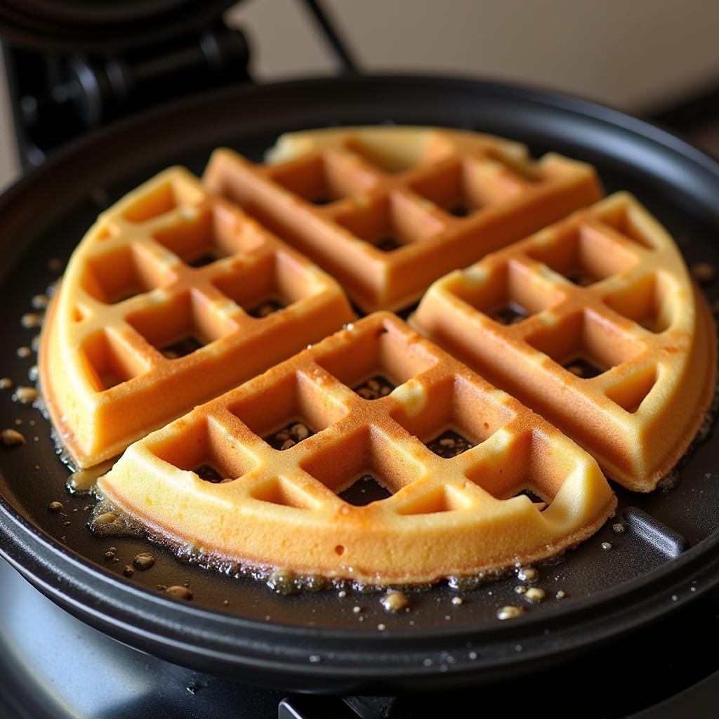 Gluten free protein waffles cooking in a waffle iron.