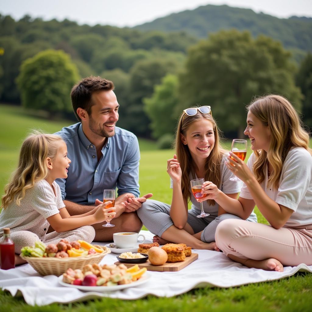 Family enjoying gluten-free picnic at a resort