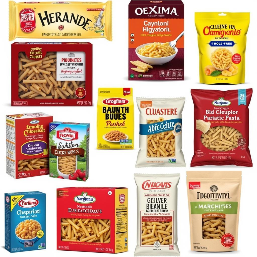 A variety of gluten-free rigatoni pasta brands on a supermarket shelf