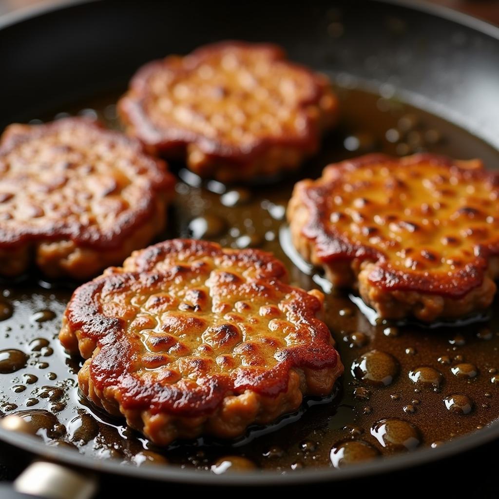 Close-up of gluten-free Salisbury steaks searing in a skillet