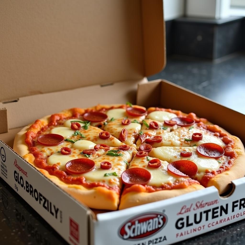 Gluten-free Schwan's pizza box on a countertop