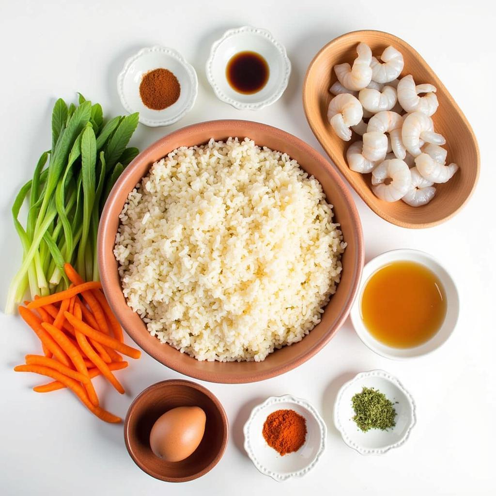 Gluten-free shrimp fried rice ingredients laid out on a table.