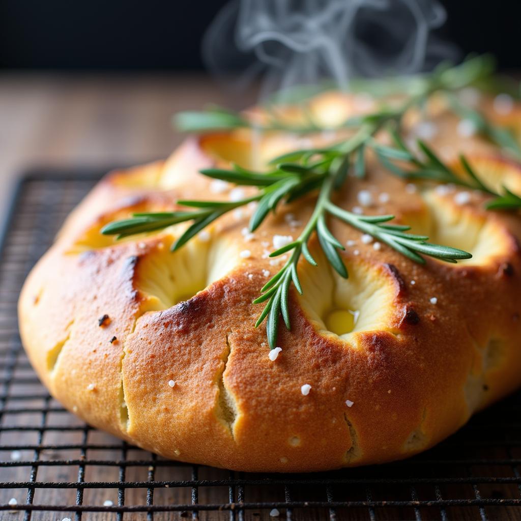 Golden brown gluten free sourdough focaccia on a cooling rack, topped with fresh herbs and sea salt.