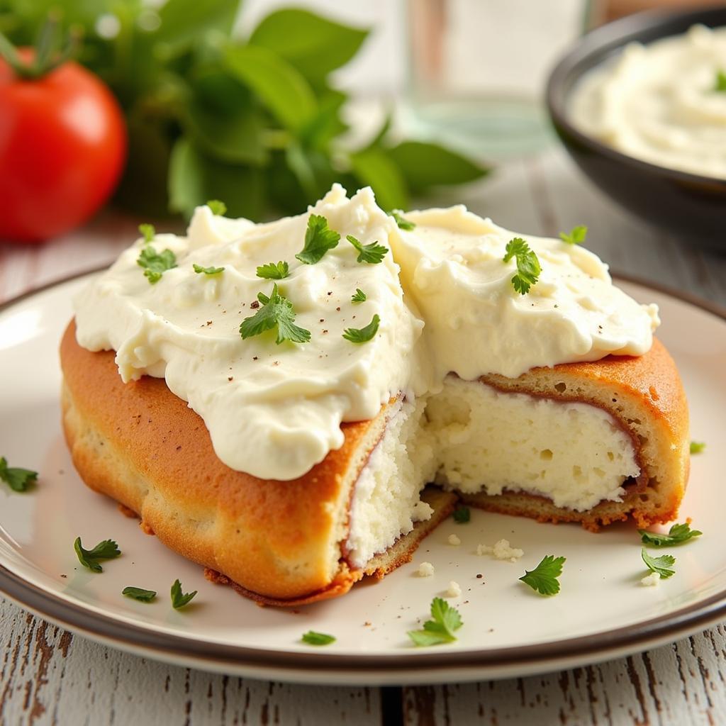 A bowl of gluten-free ricotta cheese filling with fresh herbs.