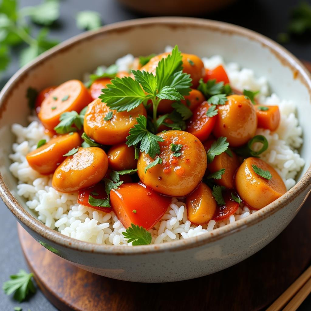 A steaming bowl of gluten-free sweet and sour chicken served over rice.