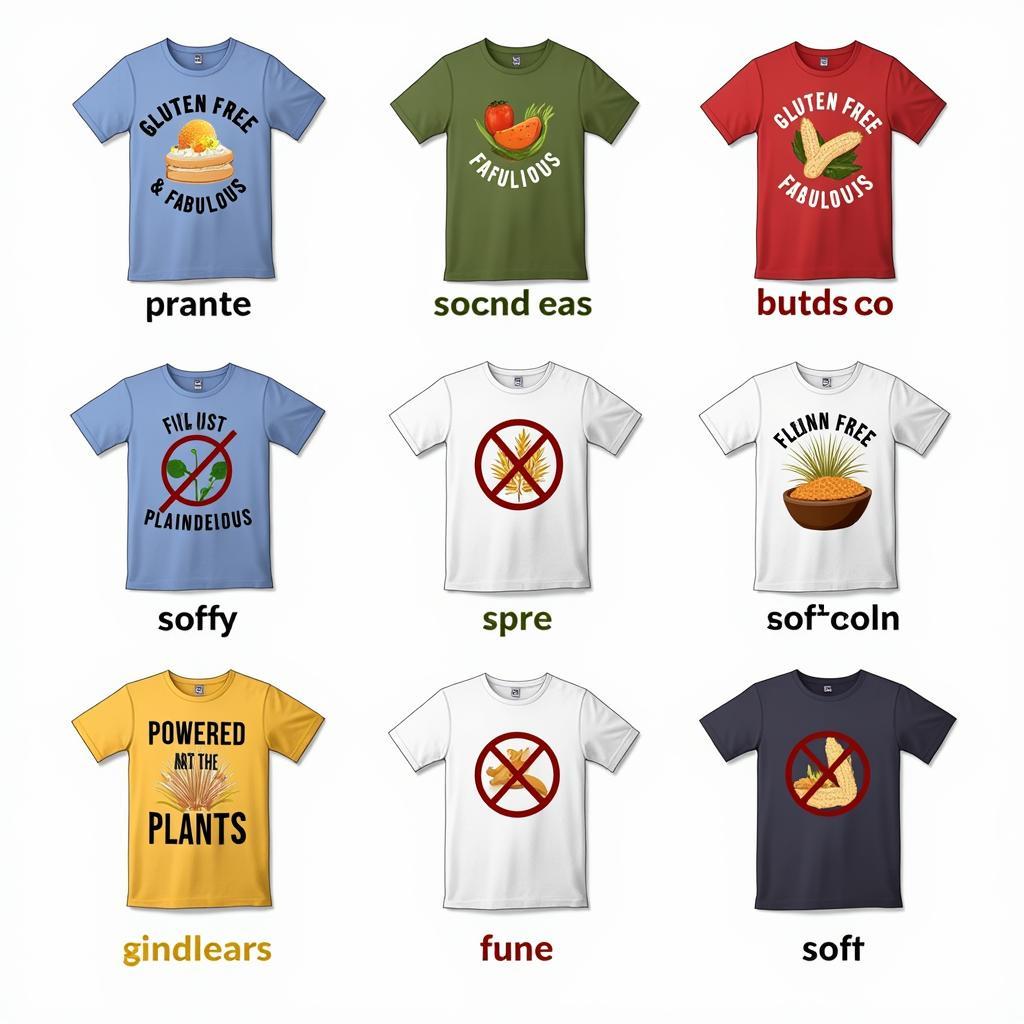 Various gluten-free t-shirt designs with catchy slogans and graphics.