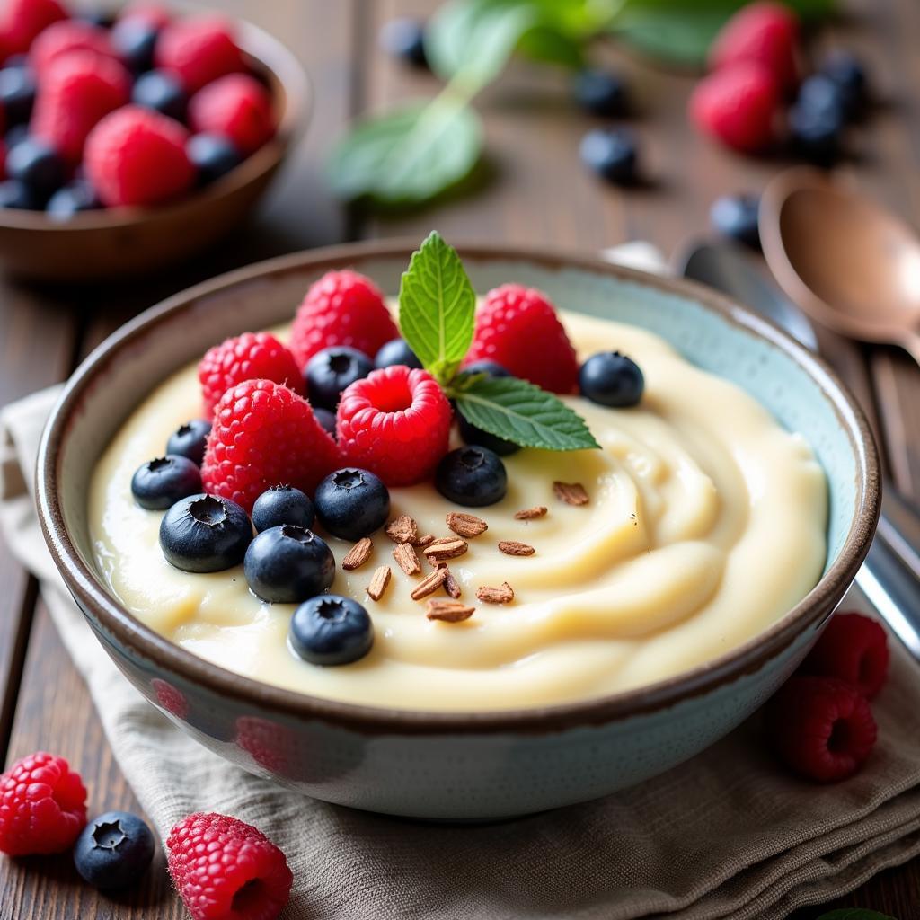 Bowl of gluten-free vanilla pudding topped with fresh berries