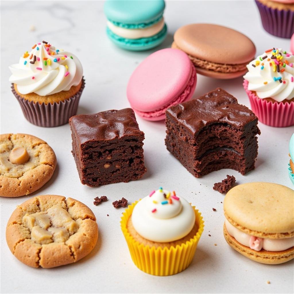 A variety of colorful and tempting gluten-free vegan treats displayed in a bakery case.