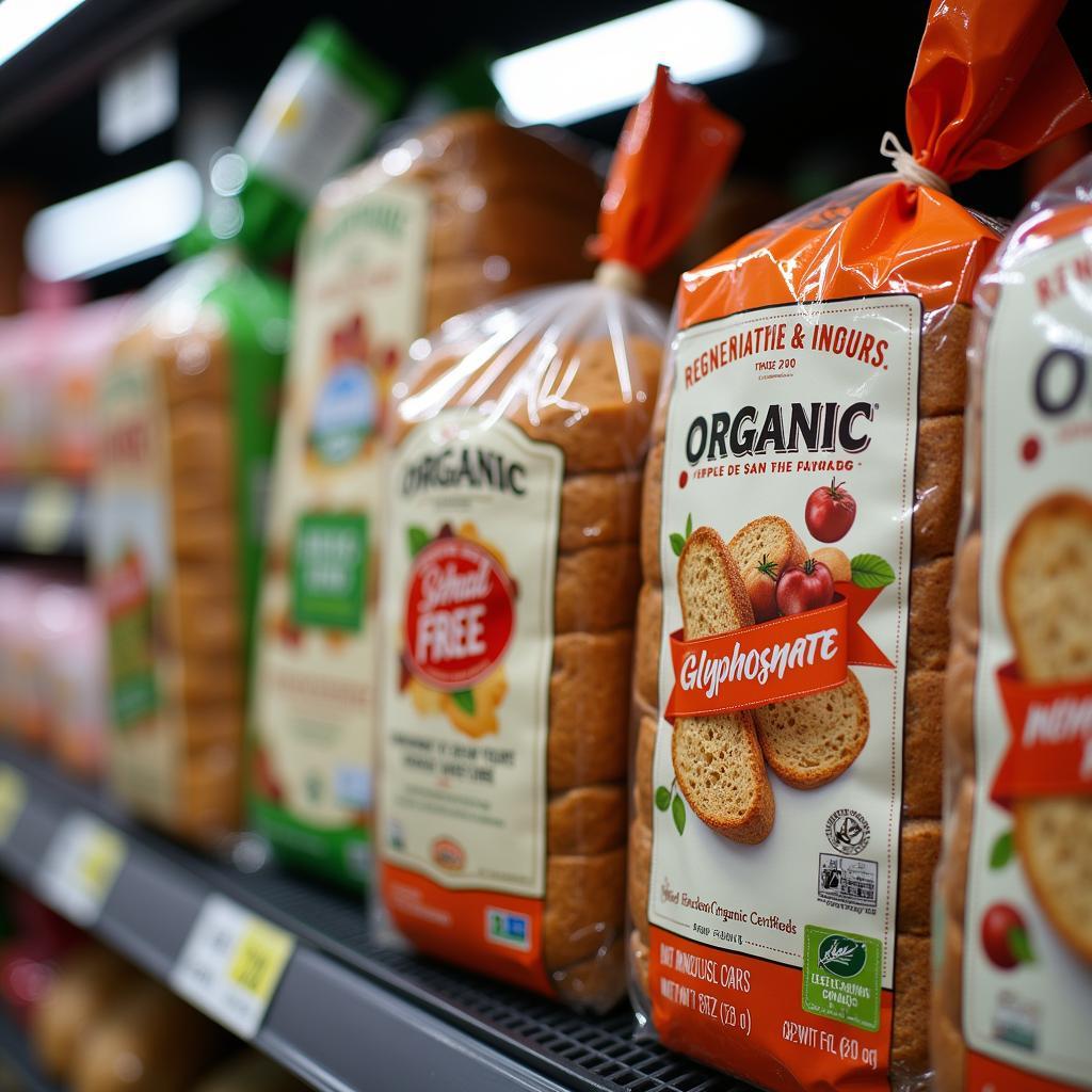 Organic bread labels on a supermarket shelf